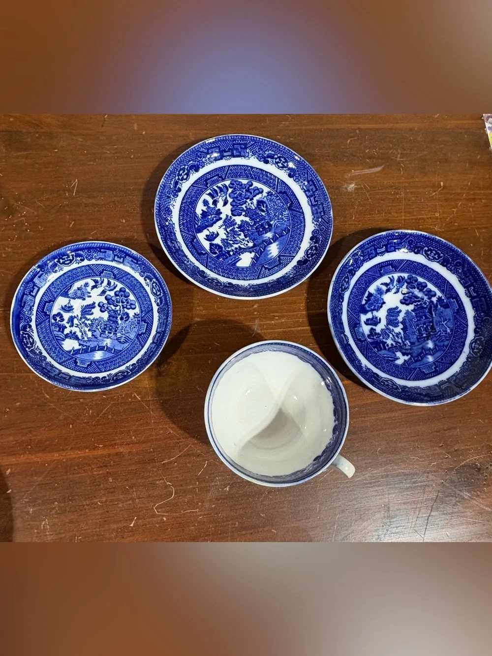 Allerton’s Ltd. Blue Willow 3 Saucers;1 cup Blue and White Chinoiserie.